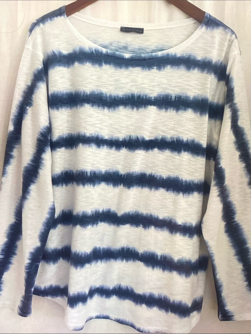 Nally & Millie White Long-Sleeve Tee with Navy Tie-Dye Stripes